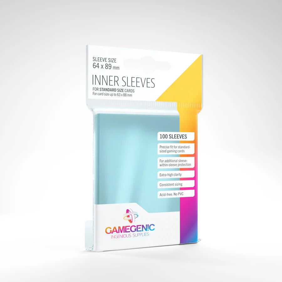 A package of clear card sleeves inside their retail packaging, with the company name and logo at the bottom.