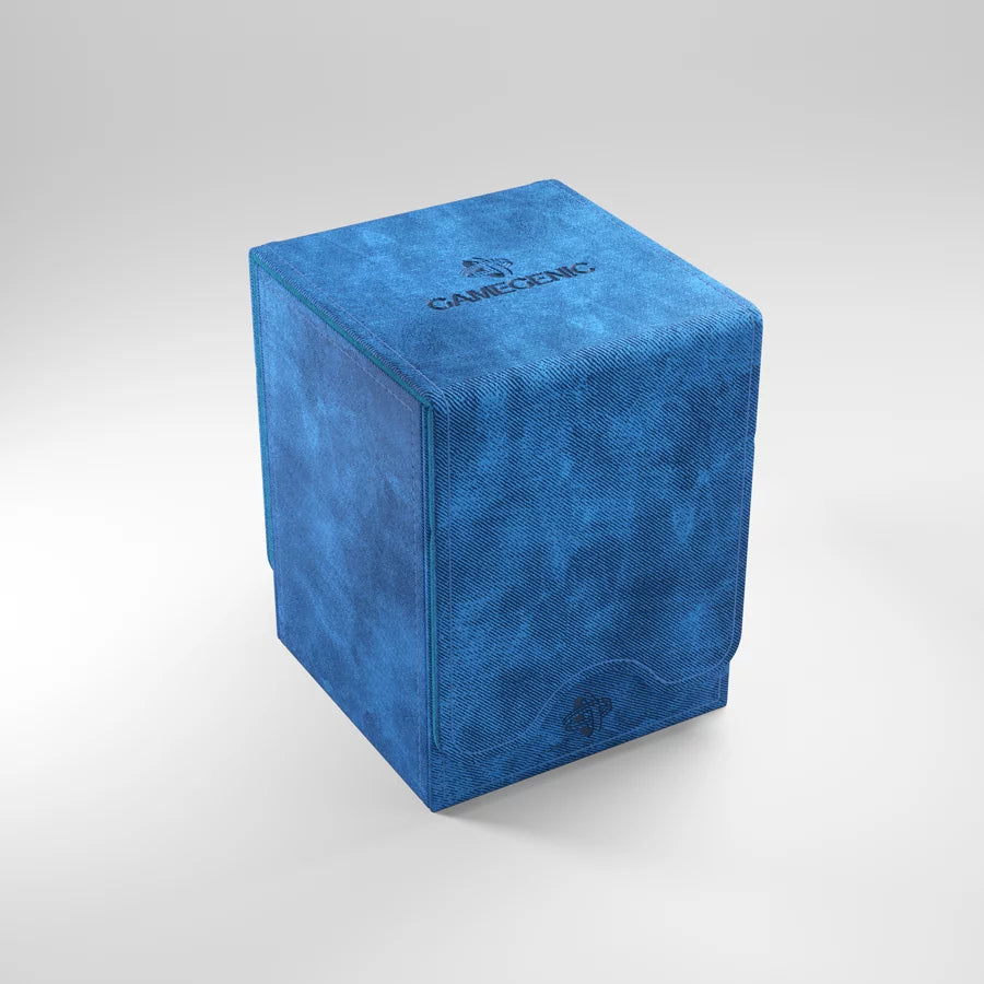 A photo of a blue, fabric box on a white background with the lid closed.