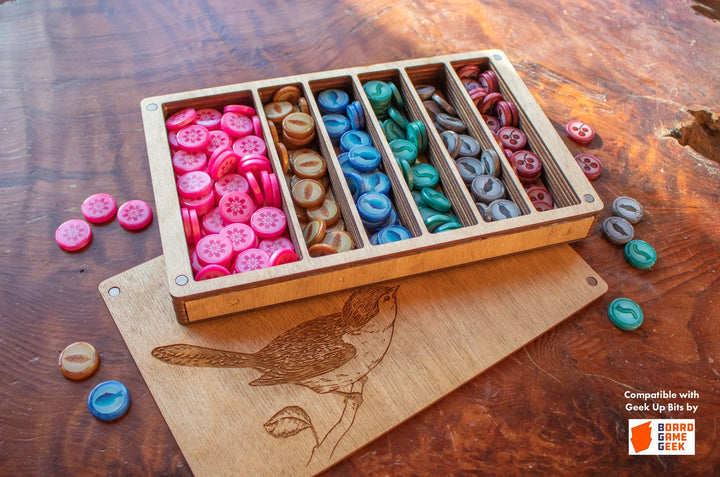 Strata Strike - Wooden Wingspan Resource Storage Box for use with the board game Wingspan, sold at the BoardGameGeek Store