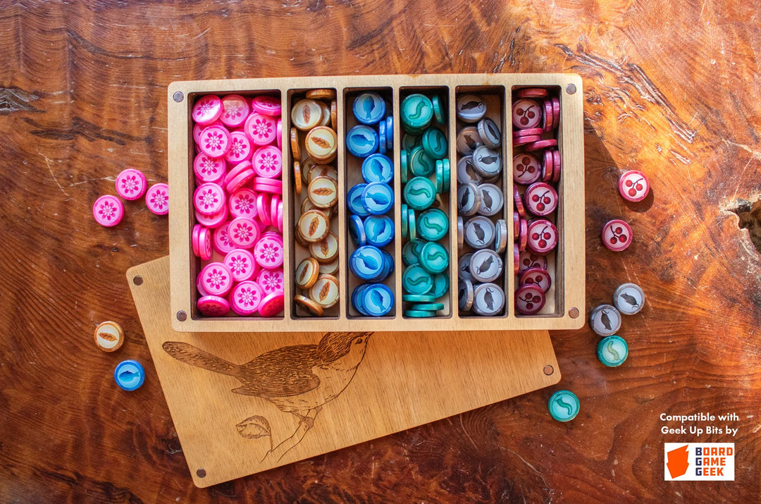 Strata Strike - Wooden Wingspan Resource Storage Box for use with the board game Wingspan, sold at the BoardGameGeek Store