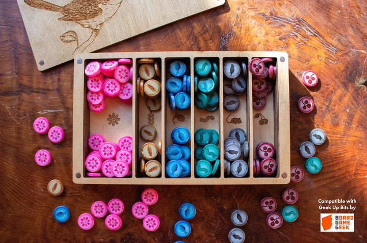 Strata Strike - Wooden Wingspan Resource Storage Box for use with the board game Wingspan, sold at the BoardGameGeek Store
