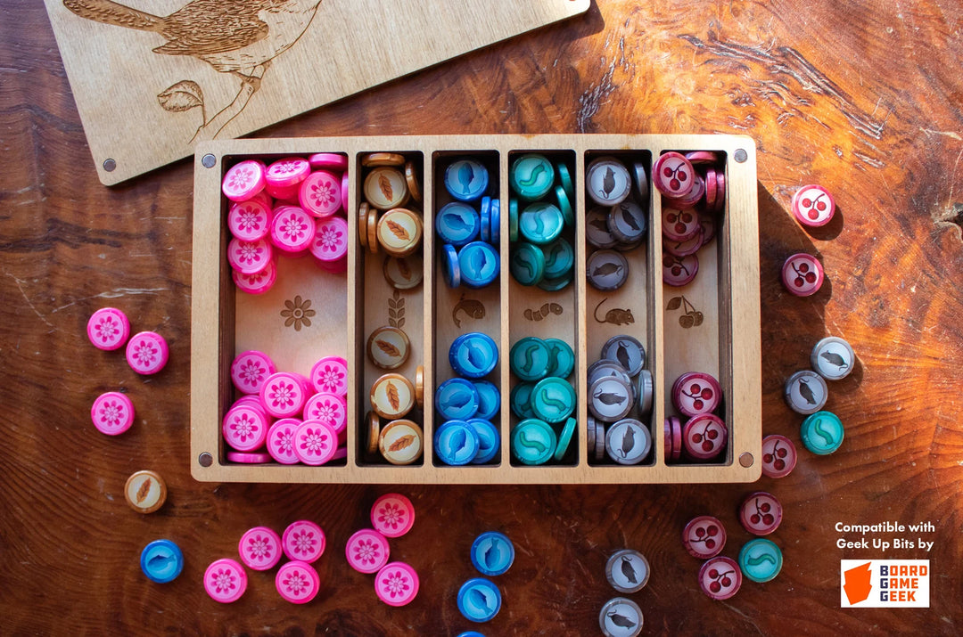 Strata Strike - Wooden Wingspan Resource Storage Box for use with the board game Wingspan, sold at the BoardGameGeek Store