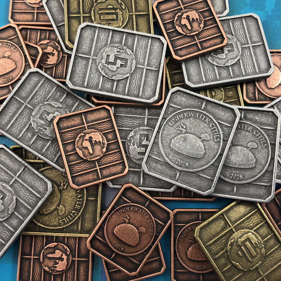 GeekUp Bit Set: Underwater Cities Metal Credit Chips for use with the board game REORDER, Underwater Cities, sold at the BoardGameGeek Store