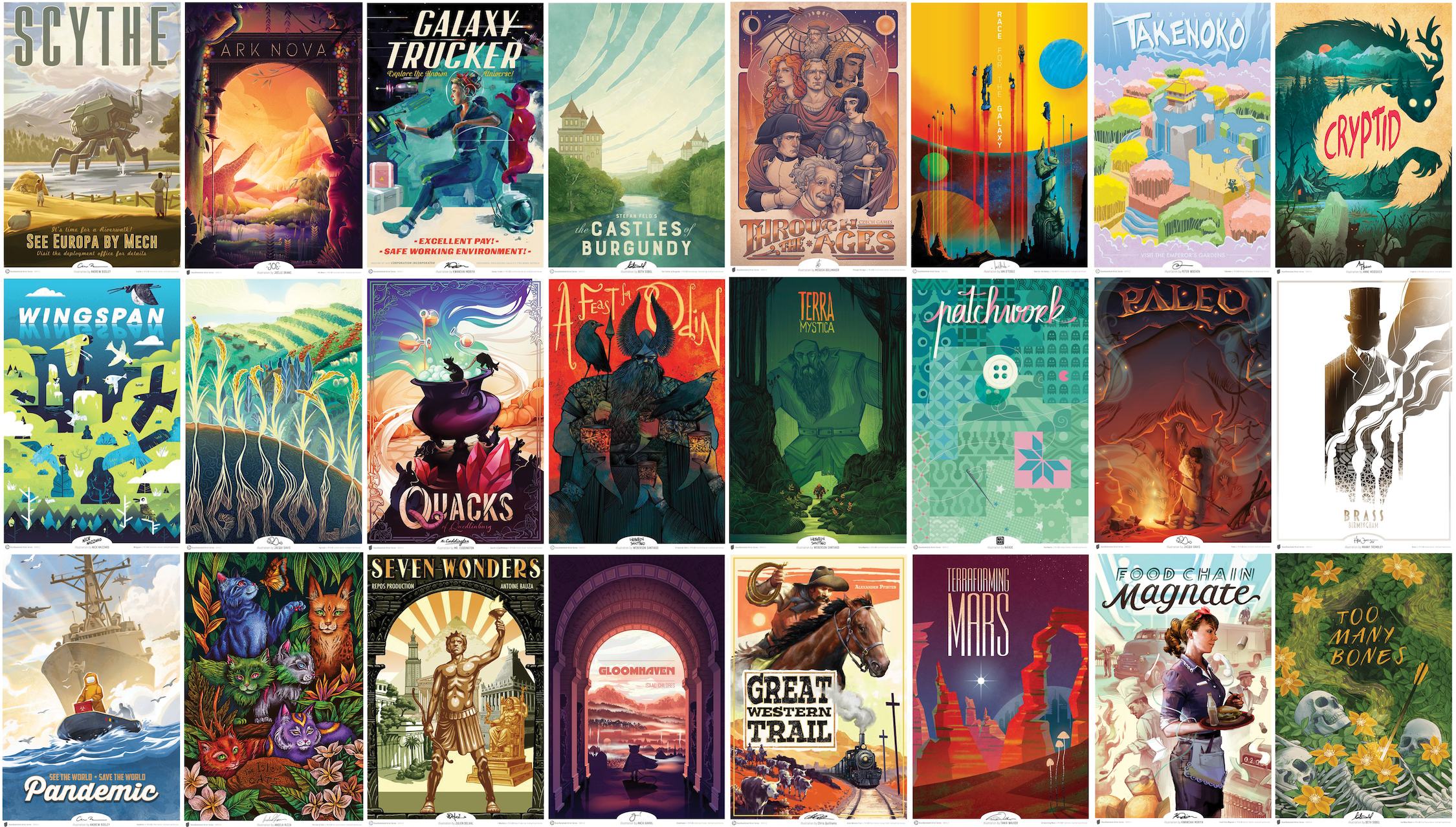 A collage of various images from the BoardGameGeek Artist Series, a collection of board game cover images reinterpreted by professional artists in the board game industry.