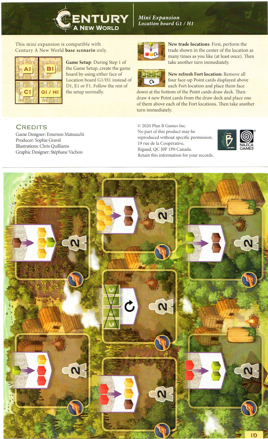Century: A New World- G1/H1 Location Board for use with the board game C, Century: New World, sold at the BoardGameGeek Store