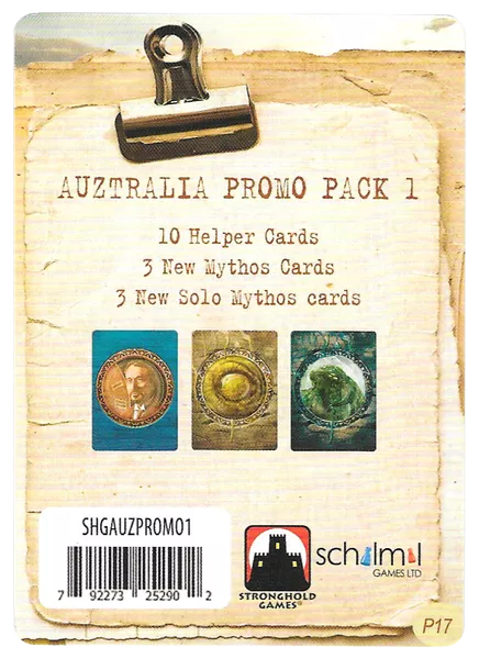The cover image of the AuZtralia Promo Pack 1 for use with the board game AuZralia, displaying an image of scraps of paper held together with a binder clip, the title of the promo, the list of the promo's contents, and the publisher logos.