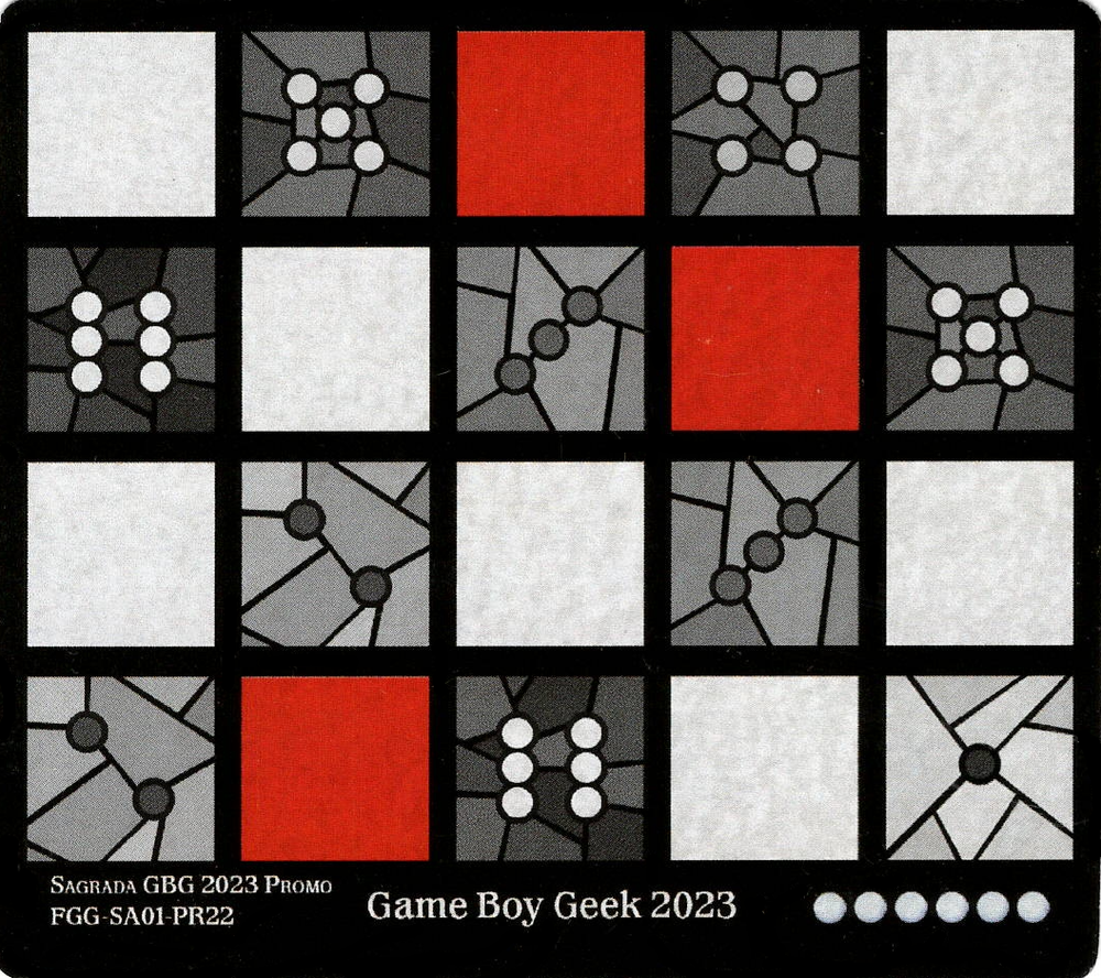 A single card for use with the board game Sagrada. The card featuring a square grid, with some square blank, some filled in with a solid color, and some filled in with a picture of a die face.