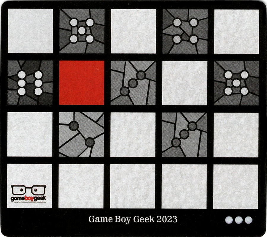 A single card for use with the board game Sagrada. The card featuring a square grid, with some square blank, some filled in with a solid color, and some filled in with a picture of a die face.